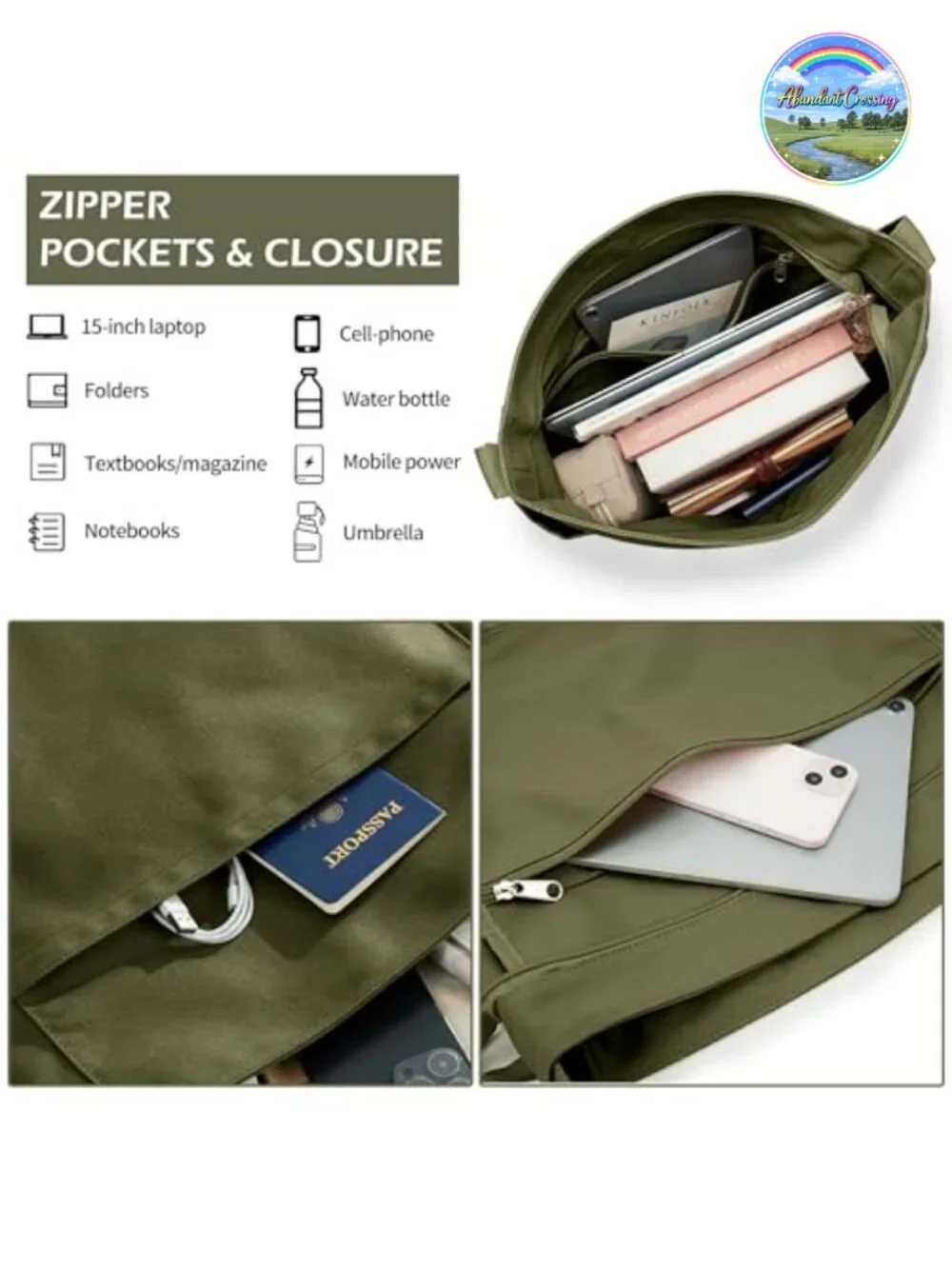 Canvas Tote Bag Large Zipper Crossbody Shoulder Hobo Purse